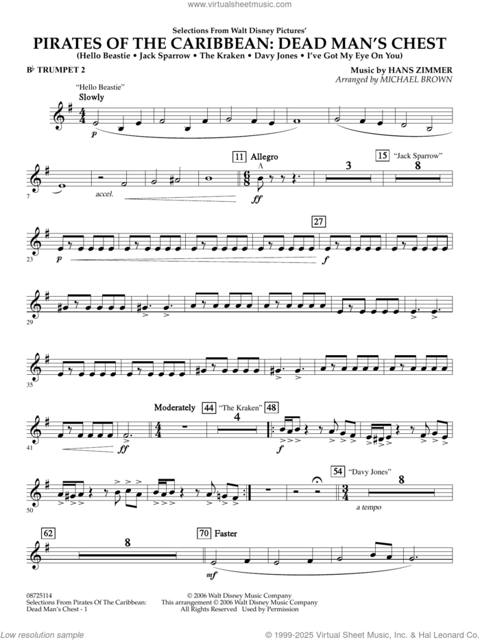 Pirates of the Caribbean: Dead Man's Chest (Selections from) (arr. Brown) sheet music for concert band (Bb trumpet 2) by Hans Zimmer and Michael Brown, intermediate skill level