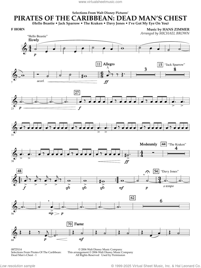 Pirates of the Caribbean: Dead Man's Chest (Selections from) (arr. Brown) sheet music for concert band (f horn) by Hans Zimmer and Michael Brown, intermediate skill level
