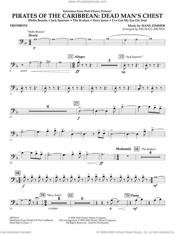 Pirates of the Caribbean: Dead Man's Chest (Selections from) (arr. Brown) sheet music for concert band (trombone) by Hans Zimmer and Michael Brown, intermediate skill level