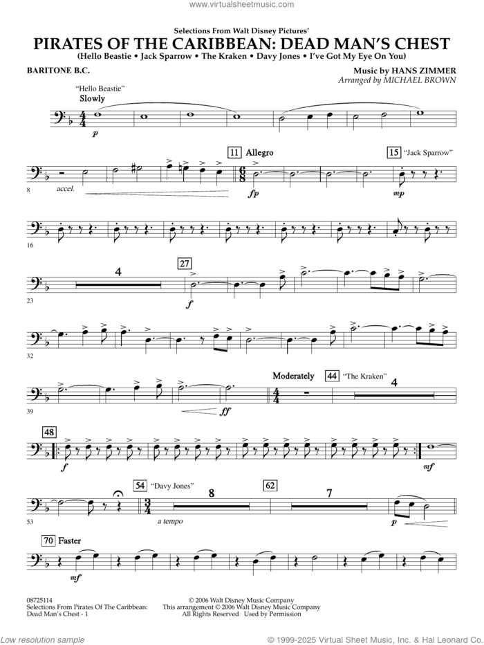 Pirates of the Caribbean: Dead Man's Chest (Selections from) (arr. Brown) sheet music for concert band (baritone b.c.) by Hans Zimmer and Michael Brown, intermediate skill level