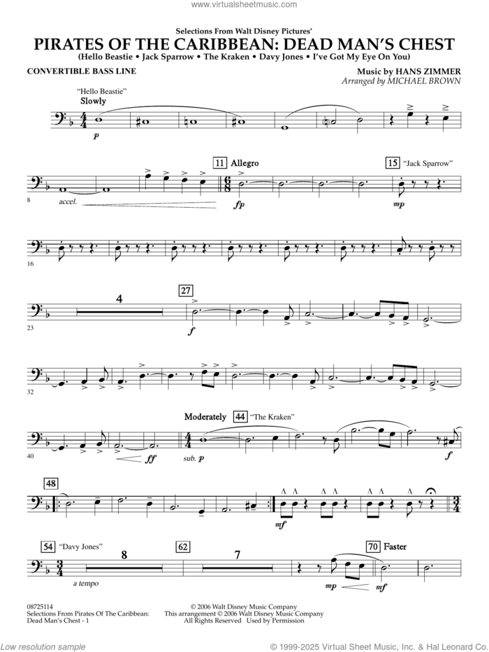 Pirates of the Caribbean: Dead Man's Chest (Selections from) (arr. Brown) sheet music for concert band (convertible bass line) by Hans Zimmer and Michael Brown, intermediate skill level