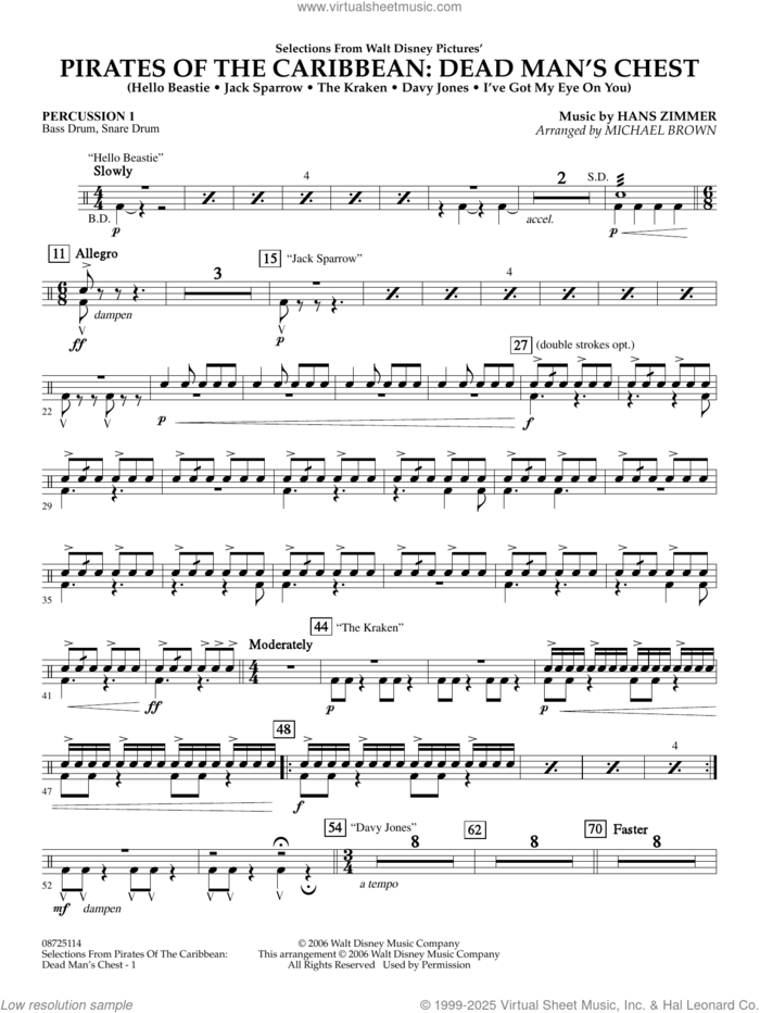 Pirates of the Caribbean: Dead Man's Chest (Selections from) (arr. Brown) sheet music for concert band (percussion 1) by Hans Zimmer and Michael Brown, intermediate skill level