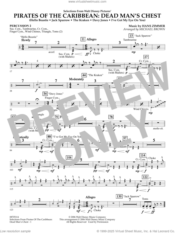 Pirates of the Caribbean: Dead Man's Chest (Selections from) (arr. Brown) sheet music for concert band (percussion 2) by Hans Zimmer and Michael Brown, intermediate skill level