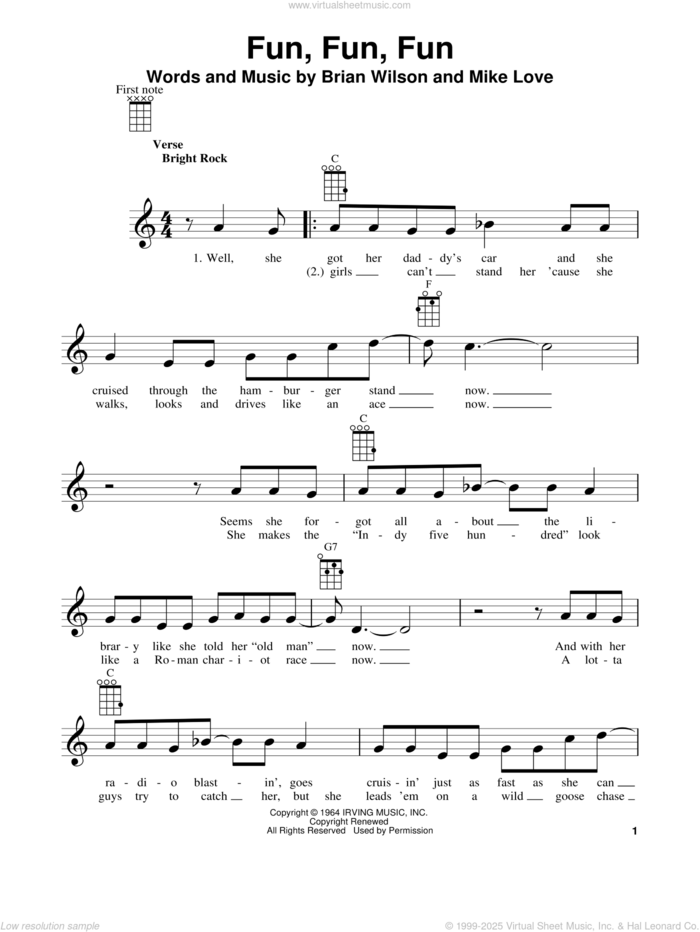 Fun, Fun, Fun sheet music for ukulele by The Beach Boys, Brian Wilson and Mike Love, intermediate skill level