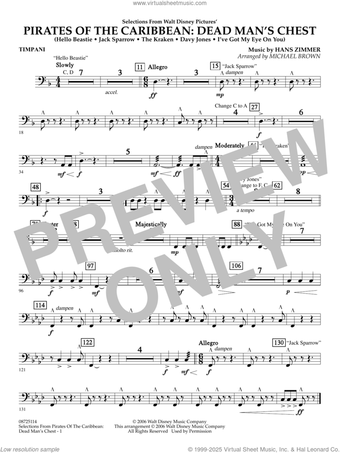 Pirates of the Caribbean: Dead Man's Chest (Selections from) (arr. Brown) sheet music for concert band (timpani) by Hans Zimmer and Michael Brown, intermediate skill level
