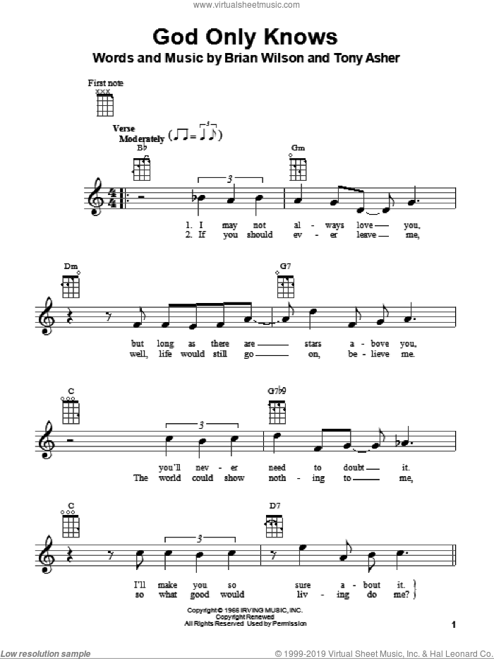 God Only Knows sheet music for ukulele by The Beach Boys, Brian Wilson and Tony Asher, intermediate skill level