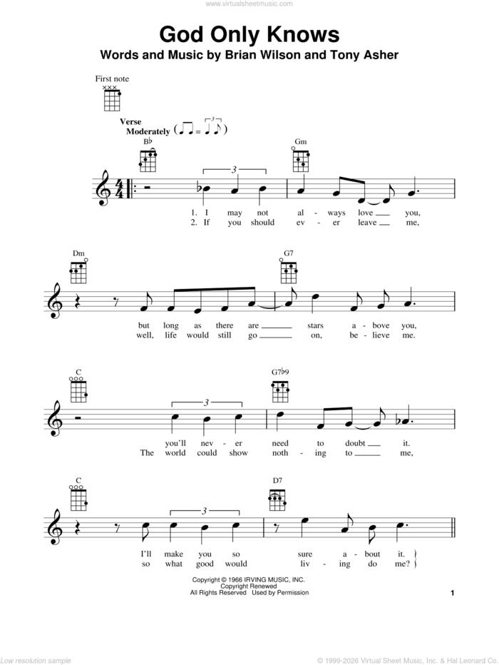 God Only Knows (from The Daily Ukulele) sheet music for ukulele by The Beach Boys, Brian Wilson and Tony Asher, intermediate skill level