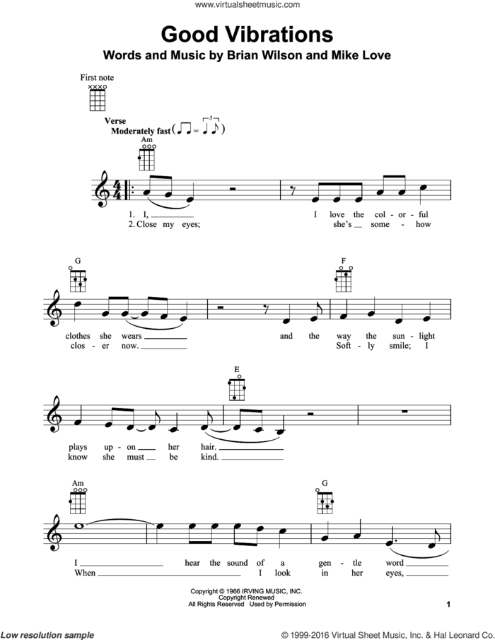 Good Vibrations sheet music for ukulele by The Beach Boys, Brian Wilson and Mike Love, intermediate skill level