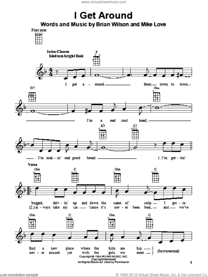 I Get Around sheet music for ukulele by The Beach Boys, Brian Wilson and Mike Love, intermediate skill level