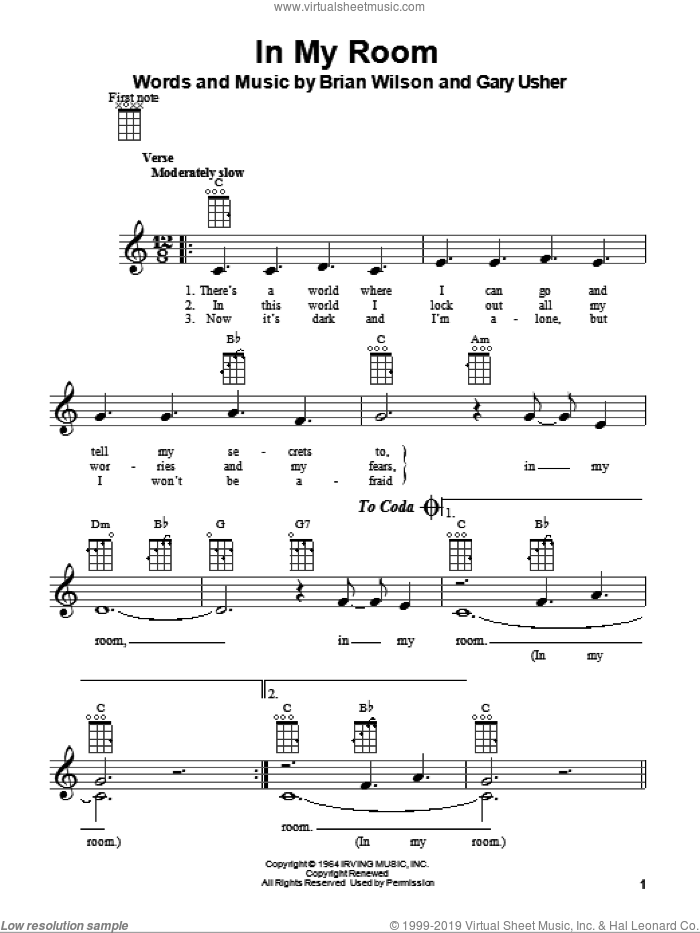 In My Room sheet music for ukulele by The Beach Boys, Brian Wilson and Gary Usher, intermediate skill level
