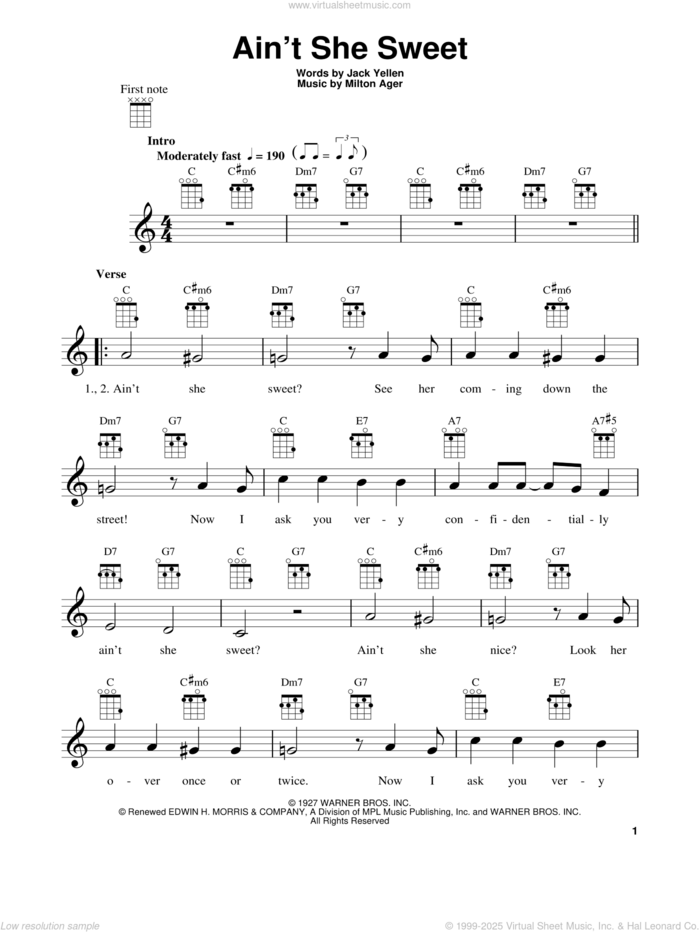 Ain't She Sweet sheet music for ukulele by The Beatles, Jack Yellen and Milton Ager, intermediate skill level