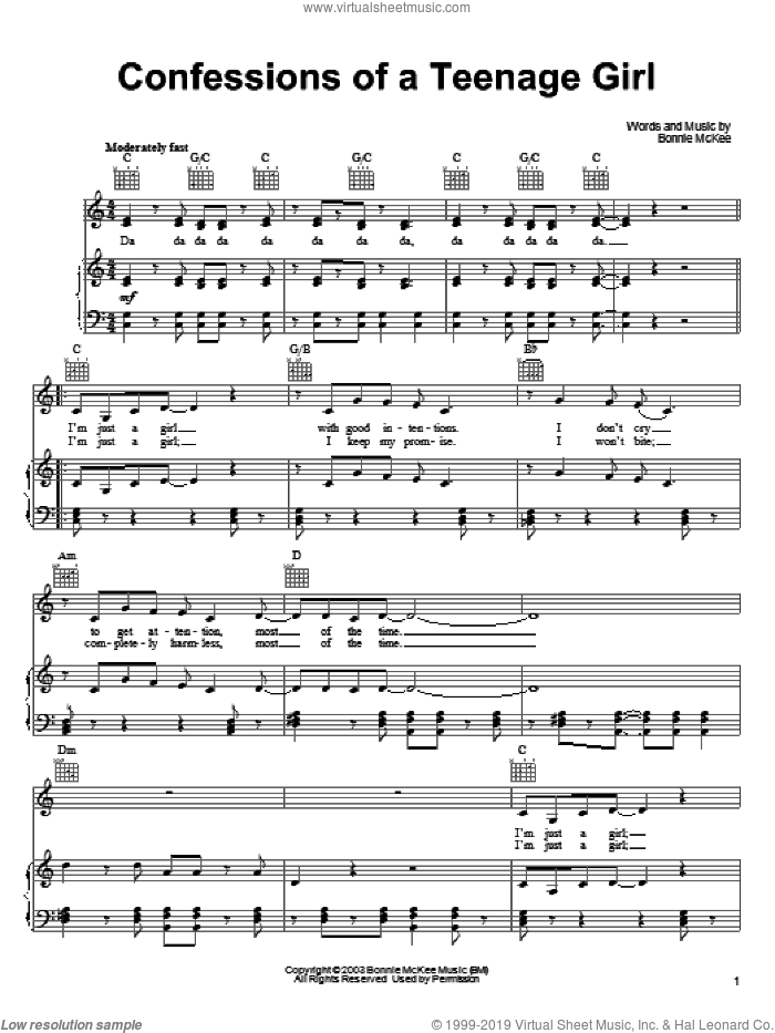 Confessions Of A Teenage Girl sheet music for voice, piano or guitar by Bonnie McKee, intermediate skill level