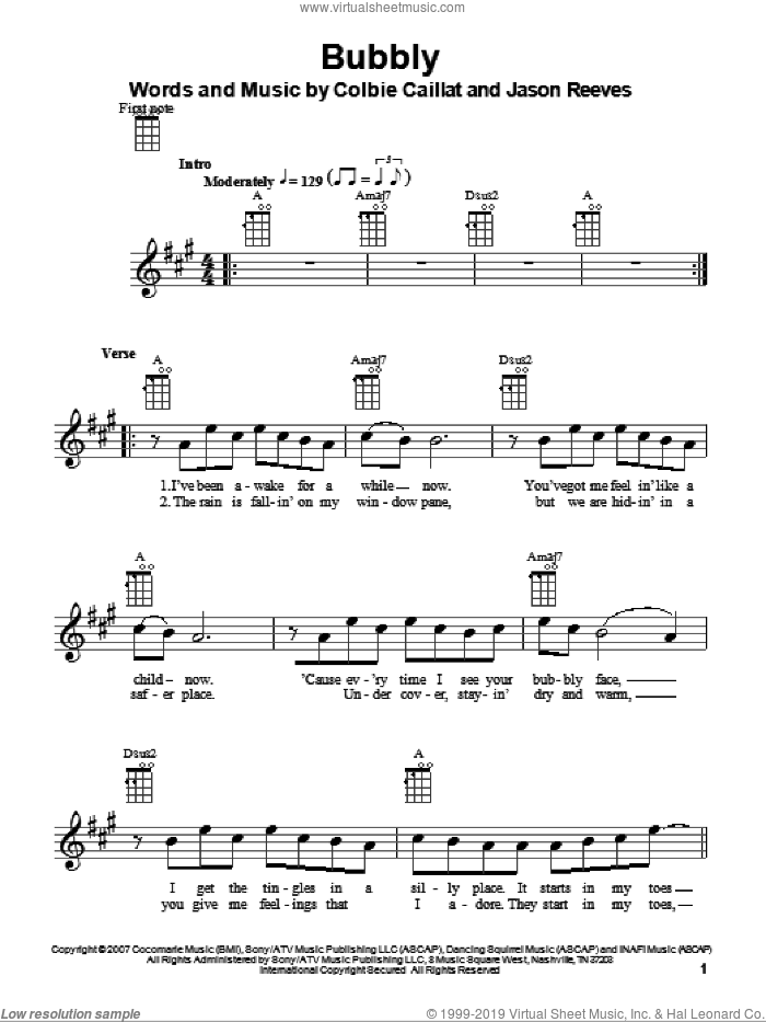 Bubbly sheet music for ukulele by Colbie Caillat and Jason Reeves, intermediate skill level