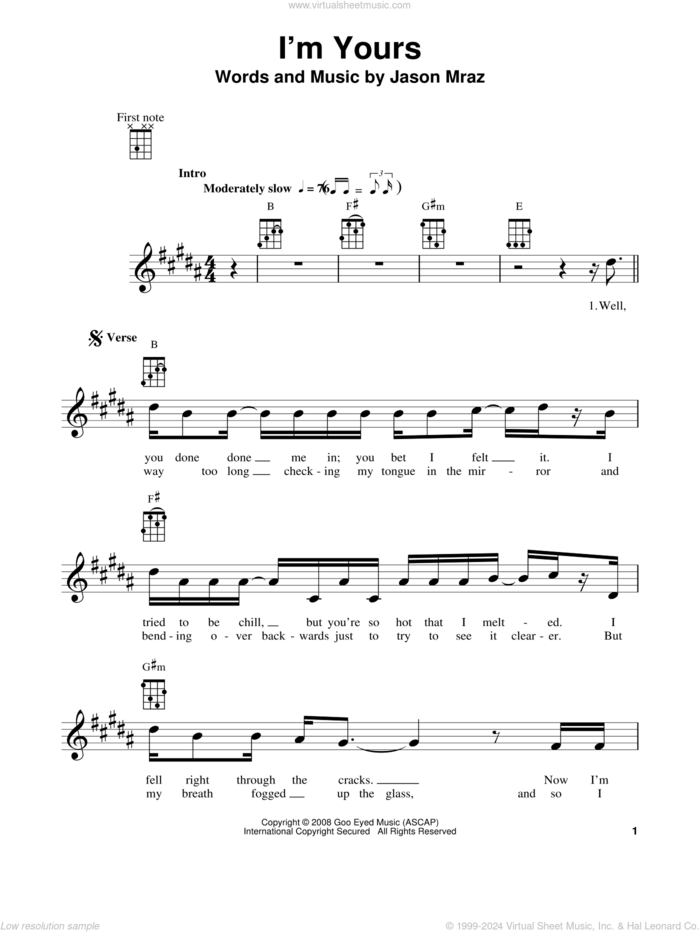 I'm Yours sheet music for ukulele by Jason Mraz, wedding score, intermediate skill level