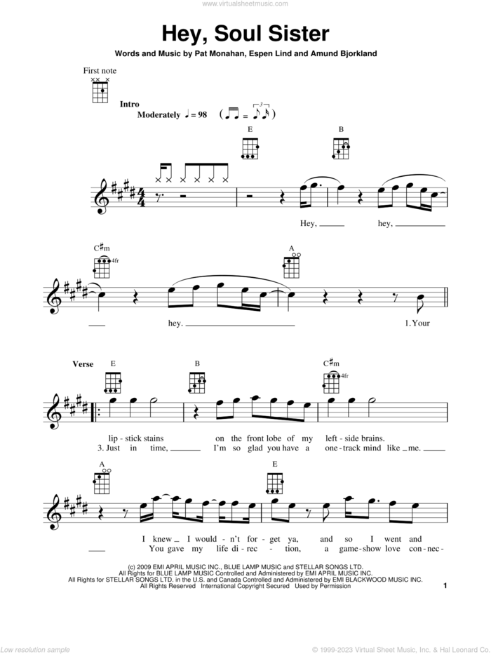 Hey, Soul Sister sheet music for ukulele by Train, Amund Bjorklund, Espen Lind and Pat Monahan, intermediate skill level
