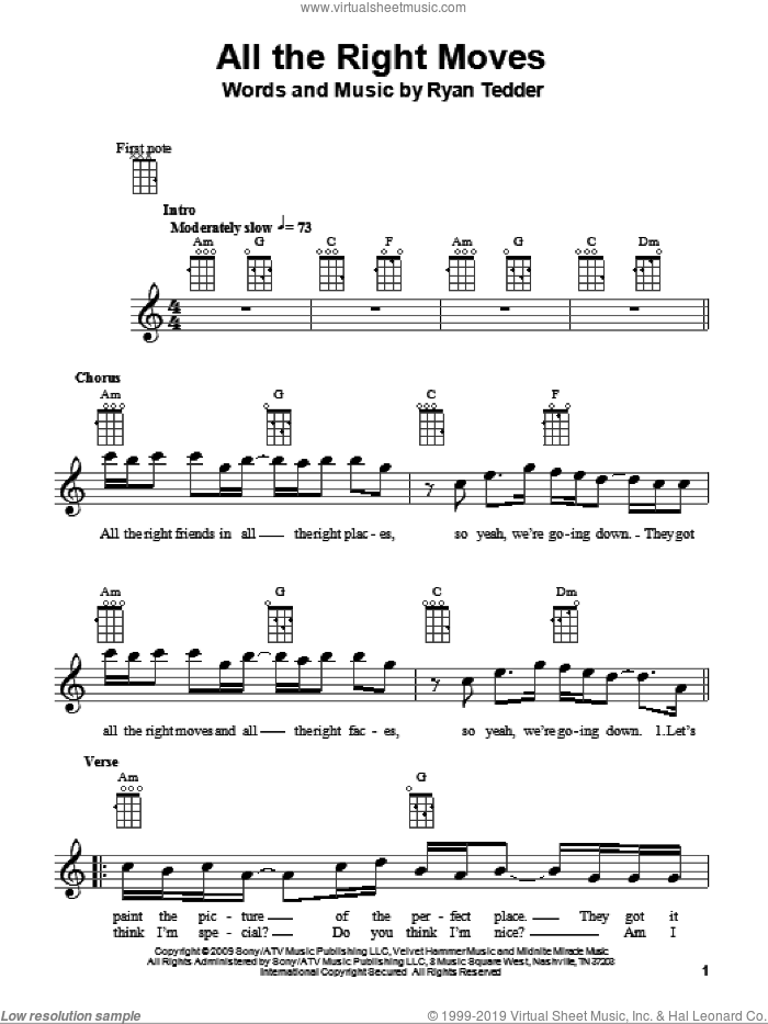 All The Right Moves sheet music for ukulele by OneRepublic and Ryan Tedder, intermediate skill level