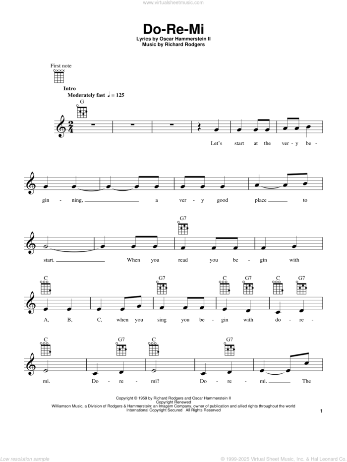 Do-Re-Mi (from The Sound of Music) sheet music for ukulele by Rodgers & Hammerstein, The Sound Of Music (Musical), Oscar II Hammerstein and Richard Rodgers, intermediate skill level