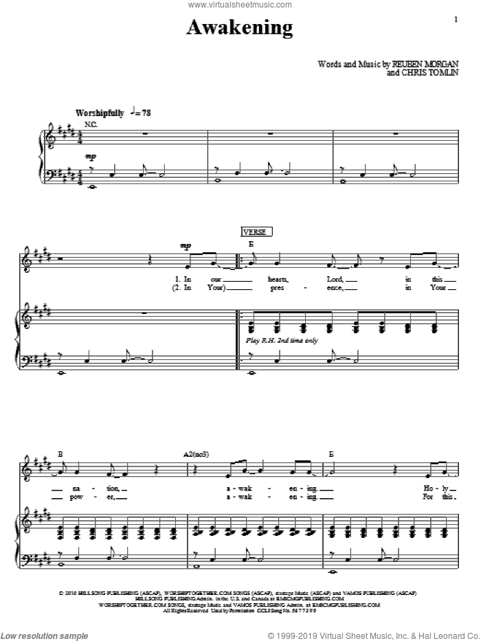 Awakening sheet music for voice, piano or guitar by Hillsong United, Chris Tomlin and Reuben Morgan, intermediate skill level