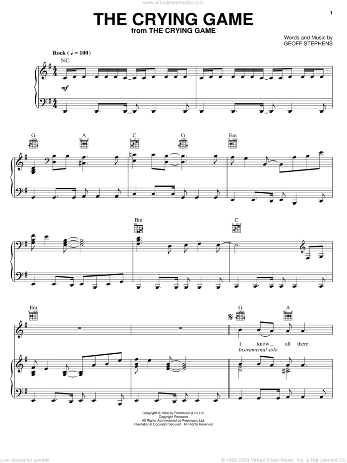 The Crying Game sheet music for voice, piano or guitar by Geoff Stephens, intermediate skill level