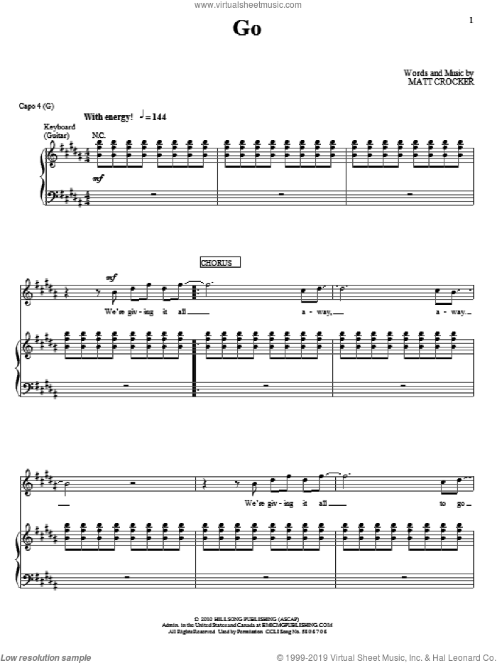 Go sheet music for voice, piano or guitar by Hillsong United and Matt Crocker, intermediate skill level