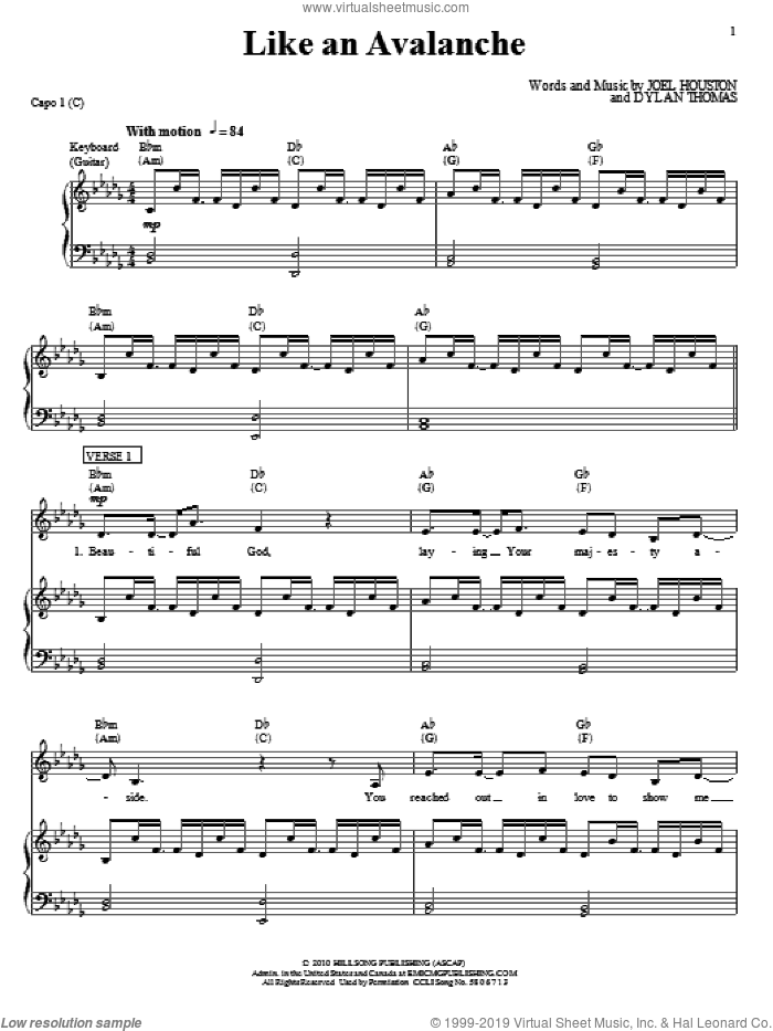 Like An Avalanche sheet music for voice, piano or guitar by Hillsong United, Dylan Thomas and Joel Houston, intermediate skill level