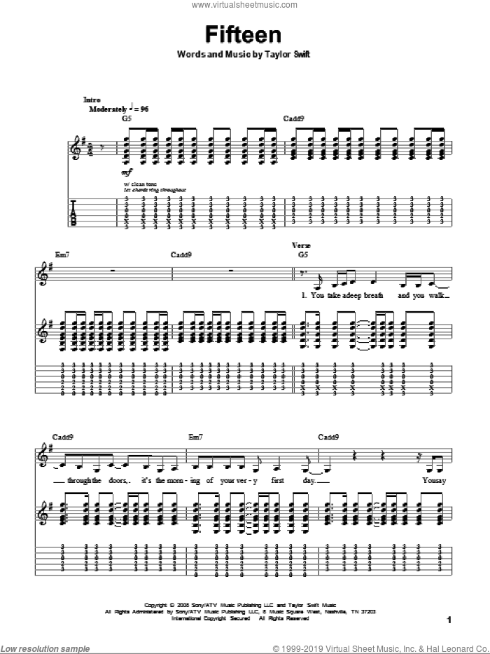 Fifteen sheet music for guitar (tablature, play-along) by Taylor Swift, intermediate skill level