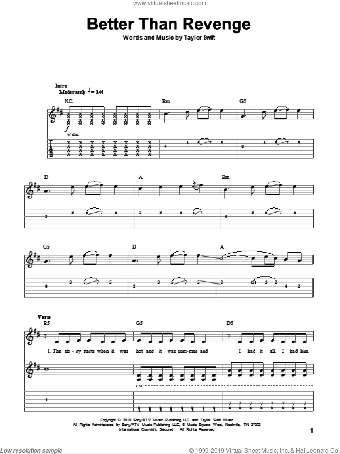 Better Than Revenge sheet music for guitar (tablature, play-along) by Taylor Swift, intermediate skill level