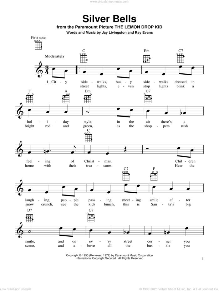 Silver Bells (arr. Fred Sokolow) sheet music for ukulele by Jay Livingston and Ray Evans, intermediate skill level