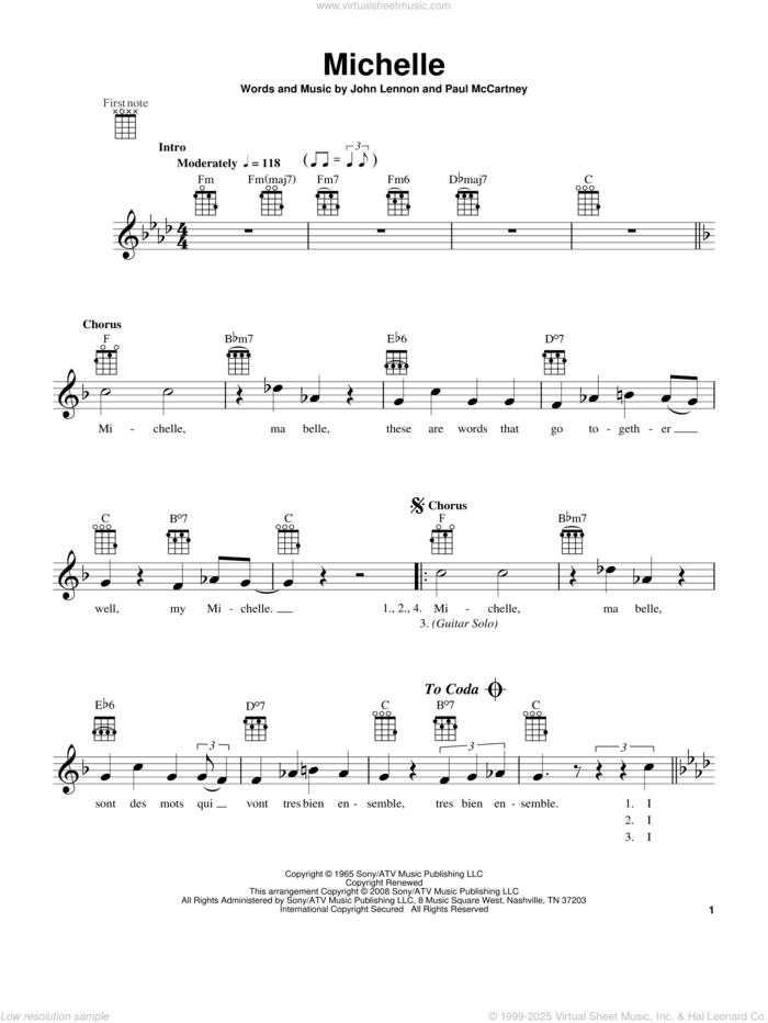 Michelle (from The Daily Ukulele) sheet music for ukulele by The Beatles, John Lennon and Paul McCartney, intermediate skill level