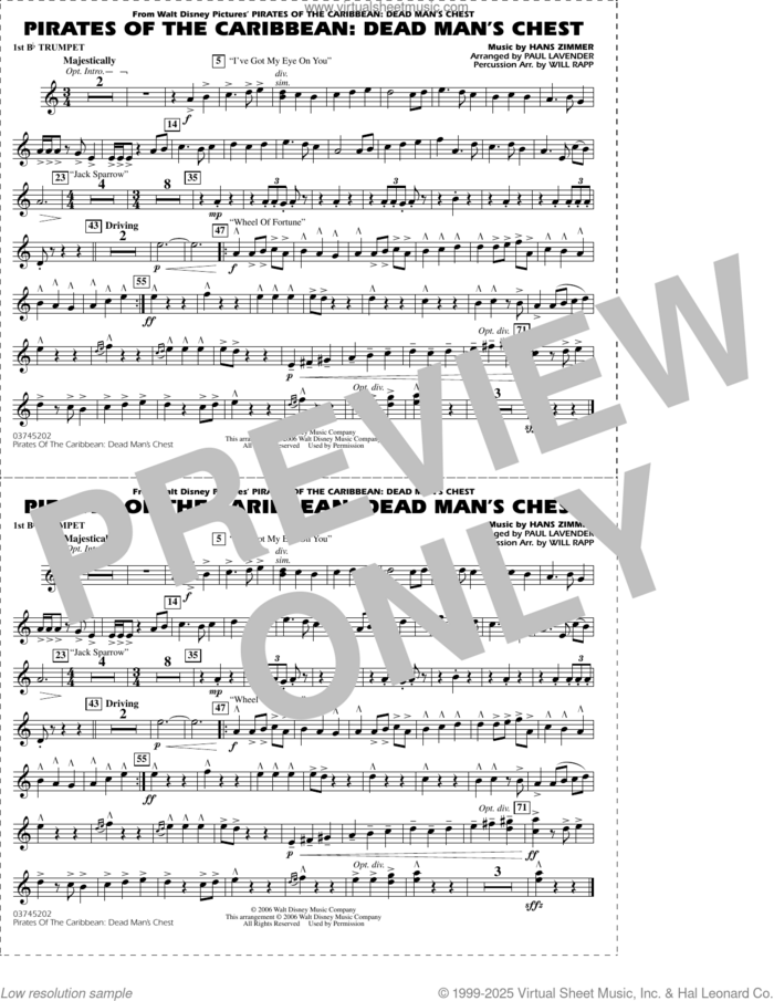 Pirates of the Caribbean: Dead Man's Chest (arr. Lavender and Rapp) sheet music for marching band (1st Bb trumpet) by Hans Zimmer and Paul Lavender and Will Rapp, intermediate skill level