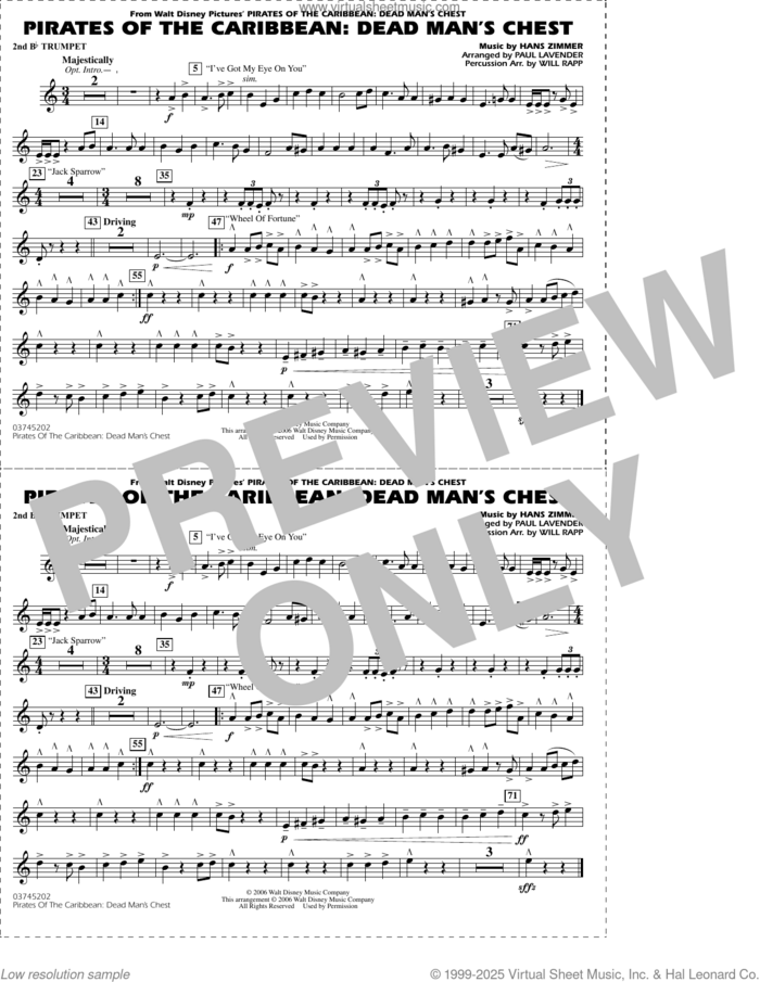 Pirates of the Caribbean: Dead Man's Chest (arr. Lavender and Rapp) sheet music for marching band (2nd Bb trumpet) by Hans Zimmer and Paul Lavender and Will Rapp, intermediate skill level