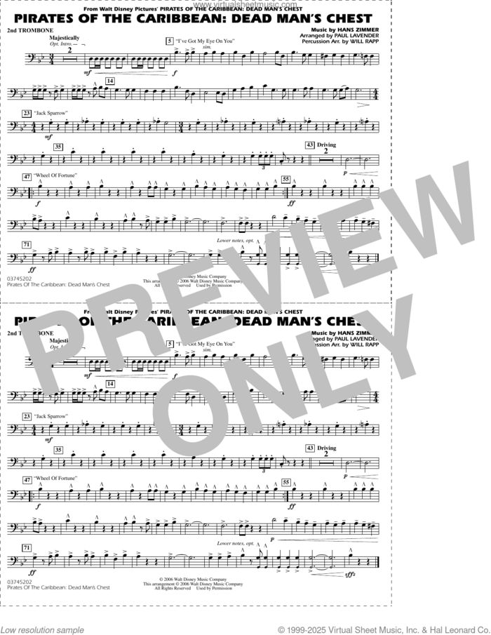 Pirates of the Caribbean: Dead Man's Chest (arr. Lavender and Rapp) sheet music for marching band (2nd trombone) by Hans Zimmer and Paul Lavender and Will Rapp, intermediate skill level