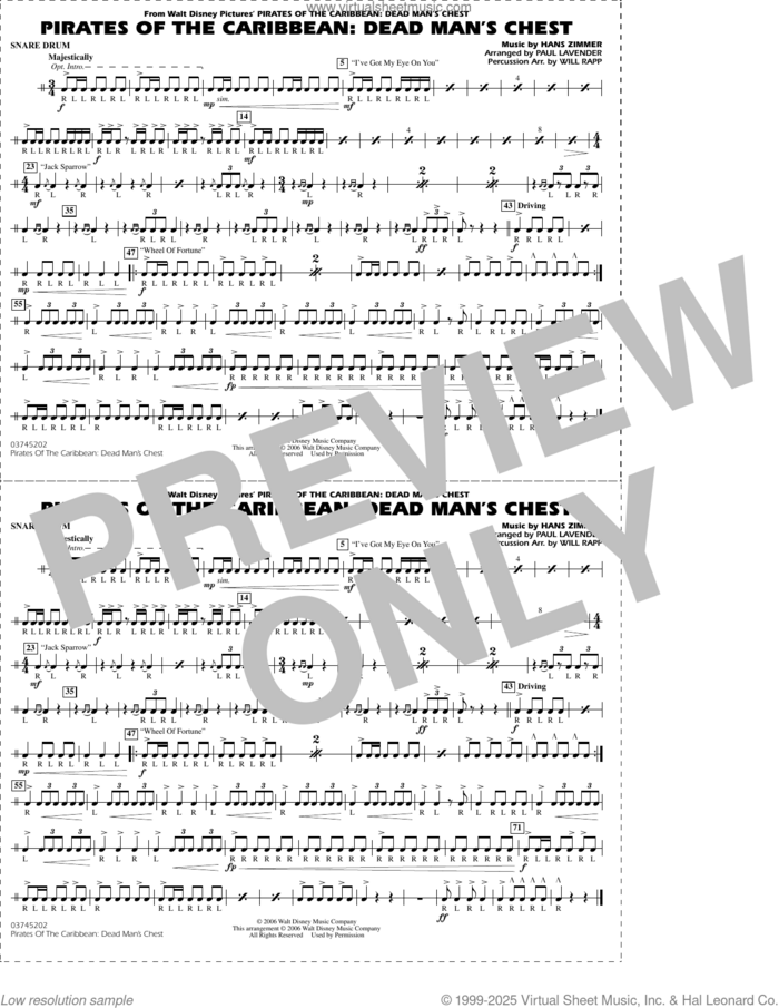 Pirates of the Caribbean: Dead Man's Chest (arr. Lavender and Rapp) sheet music for marching band (snare drum) by Hans Zimmer and Paul Lavender and Will Rapp, intermediate skill level