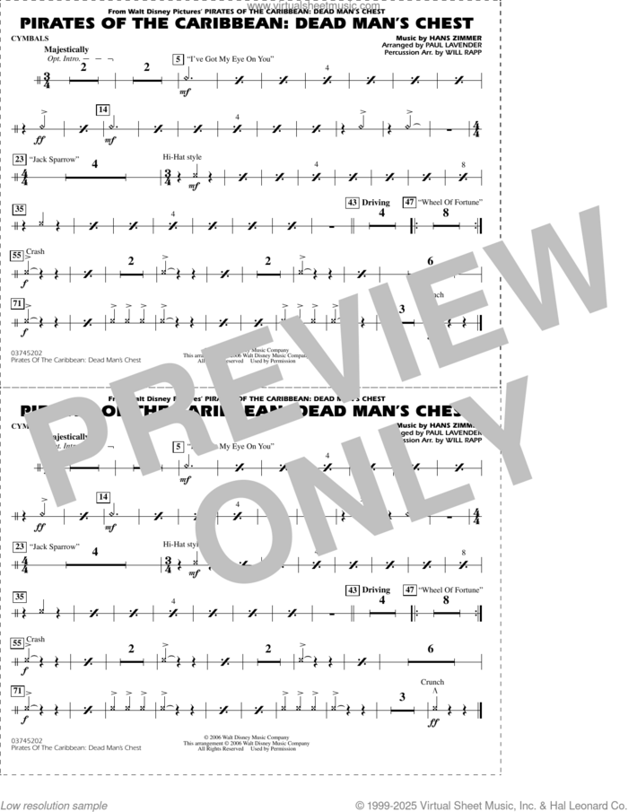 Pirates of the Caribbean: Dead Man's Chest (arr. Lavender and Rapp) sheet music for marching band (cymbals) by Hans Zimmer and Paul Lavender and Will Rapp, intermediate skill level