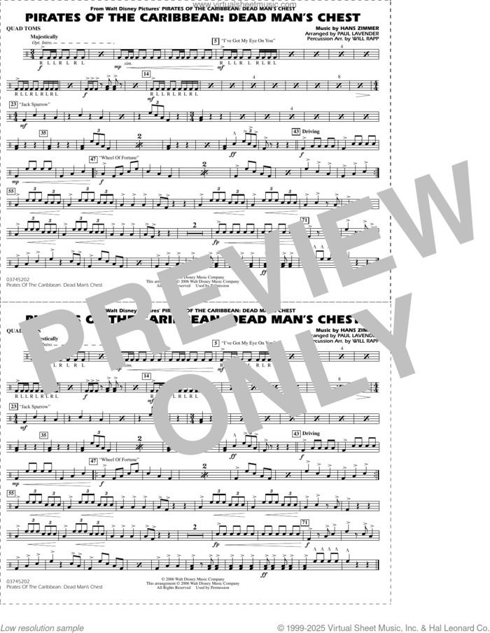 Pirates of the Caribbean: Dead Man's Chest (arr. Lavender and Rapp) sheet music for marching band (quad toms) by Hans Zimmer and Paul Lavender and Will Rapp, intermediate skill level