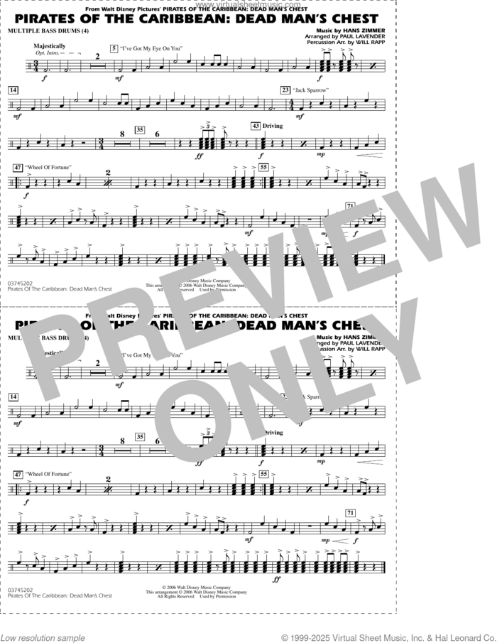 Pirates of the Caribbean: Dead Man's Chest (arr. Lavender and Rapp) sheet music for marching band (multiple bass drums) by Hans Zimmer and Paul Lavender and Will Rapp, intermediate skill level