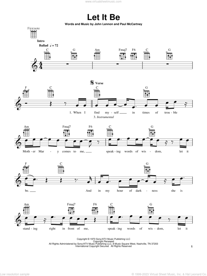 Let It Be sheet music for ukulele by The Beatles, John Lennon and Paul McCartney, intermediate skill level