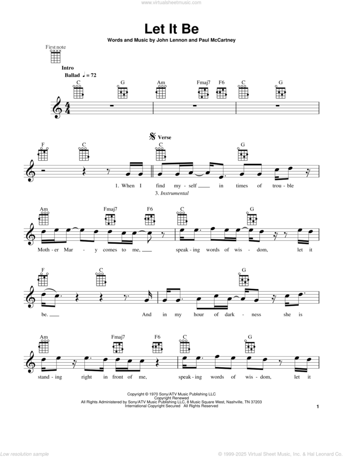 Let It Be sheet music for ukulele by The Beatles, John Lennon and Paul McCartney, intermediate skill level