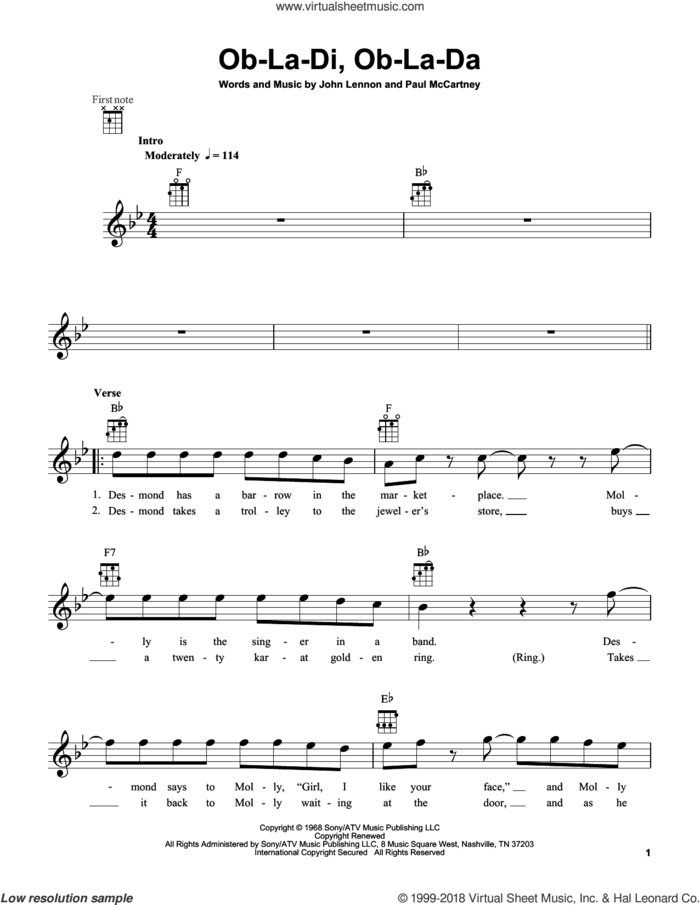 Ob-La-Di, Ob-La-Da sheet music for ukulele by The Beatles, John Lennon and Paul McCartney, intermediate skill level