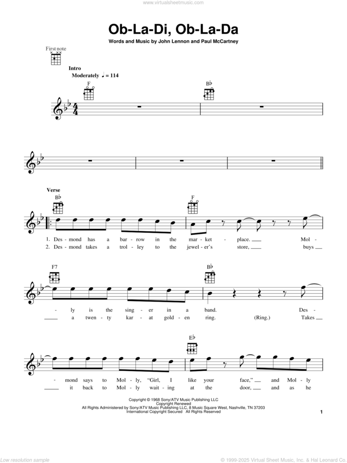 Ob-La-Di, Ob-La-Da sheet music for ukulele by The Beatles, John Lennon and Paul McCartney, intermediate skill level