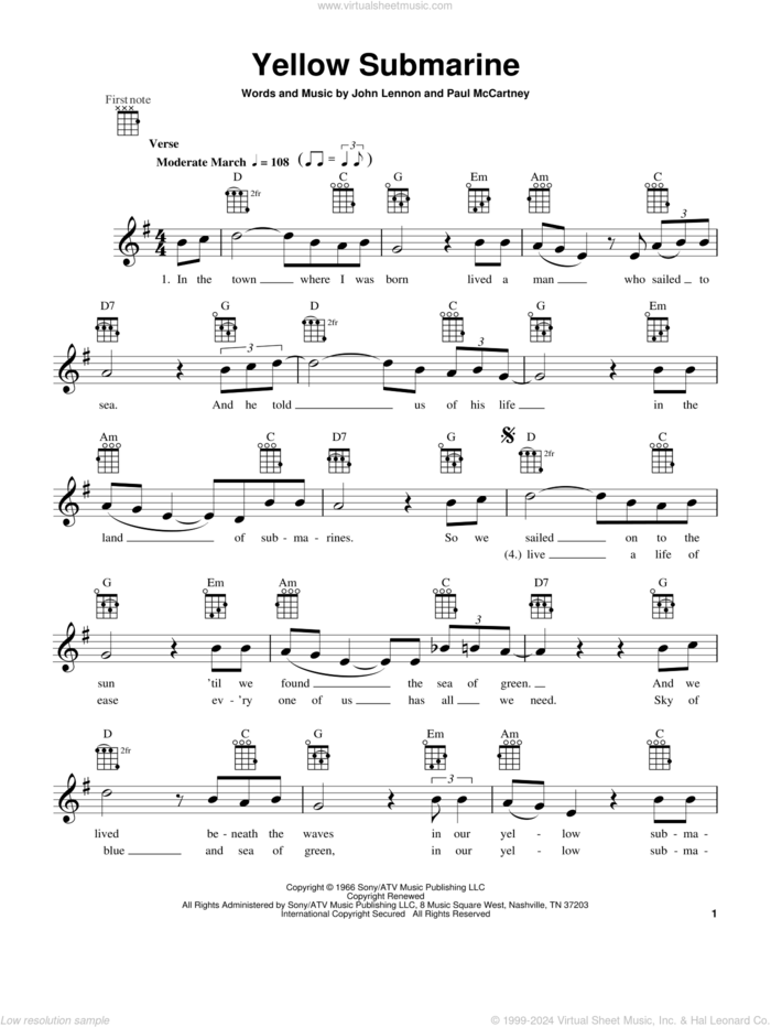 Yellow Submarine sheet music for ukulele by The Beatles, John Lennon and Paul McCartney, intermediate skill level