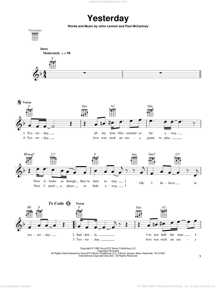 Yesterday sheet music for ukulele by The Beatles, John Lennon and Paul McCartney, intermediate skill level