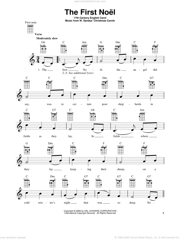 The First Noel sheet music for ukulele by Anonymous and Miscellaneous, intermediate skill level