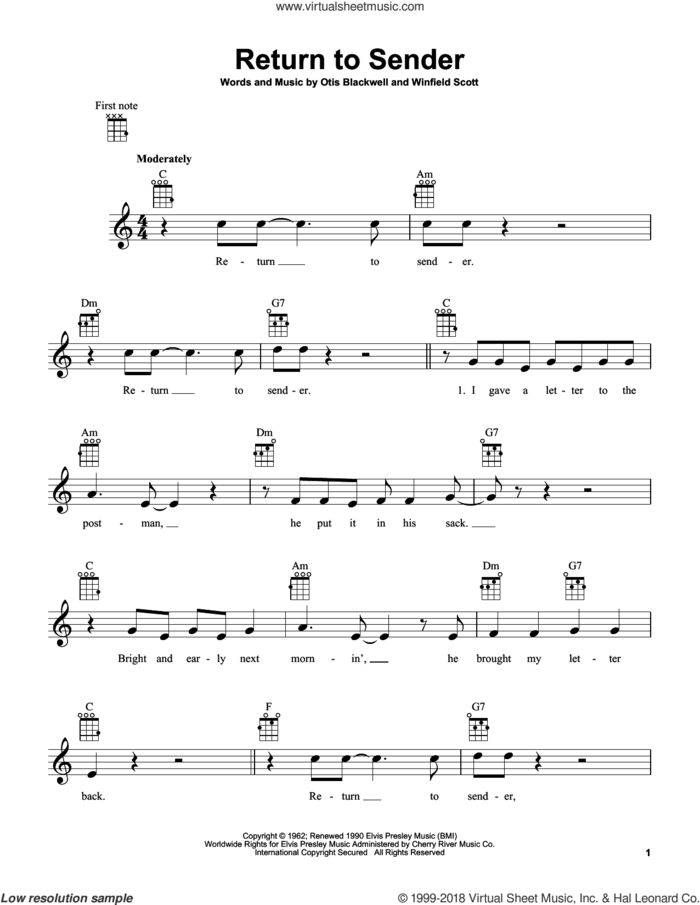 Return To Sender sheet music for ukulele by Elvis Presley, Otis Blackwell and Winfield Scott, intermediate skill level