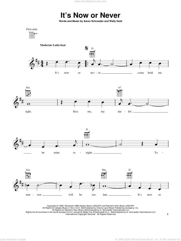 It's Now Or Never sheet music for ukulele by Elvis Presley, Aaron Schroeder and Wally Gold, intermediate skill level