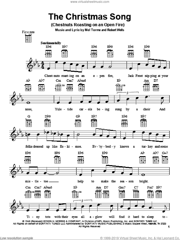 The Christmas Song (Chestnuts Roasting On An Open Fire) sheet music for ukulele by Mel Torme and Robert Wells, intermediate skill level