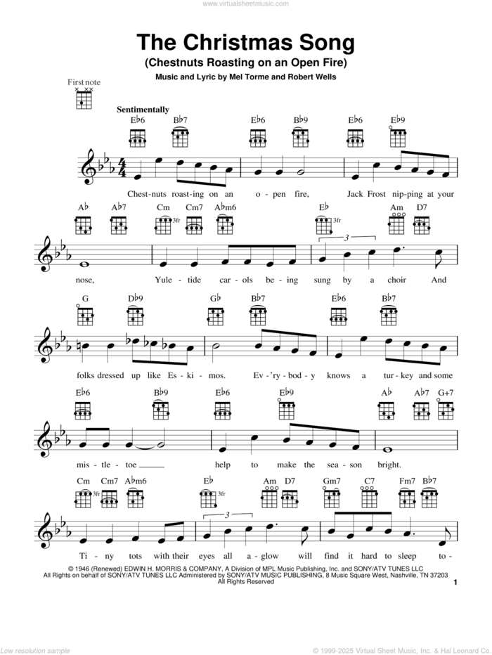 The Christmas Song (Chestnuts Roasting On An Open Fire) sheet music for ukulele by Mel Torme and Robert Wells, intermediate skill level