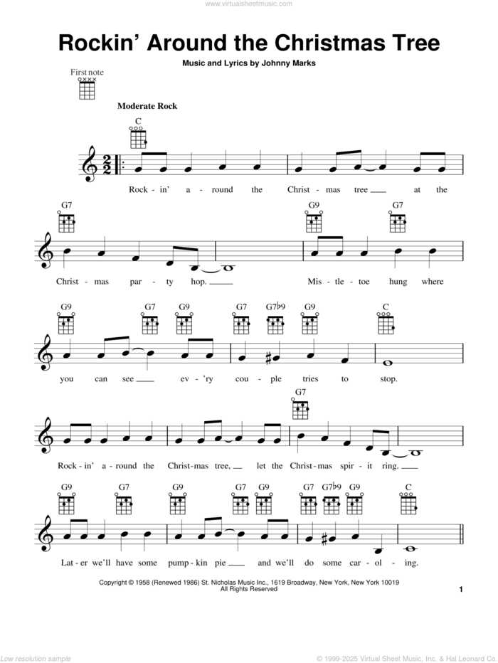 Rockin' Around The Christmas Tree (arr. Fred Sokolow) sheet music for ukulele by Brenda Lee and Johnny Marks, intermediate skill level