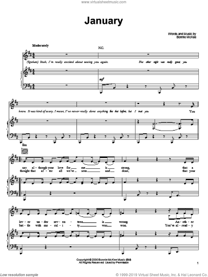 January sheet music for voice, piano or guitar by Bonnie McKee, intermediate skill level
