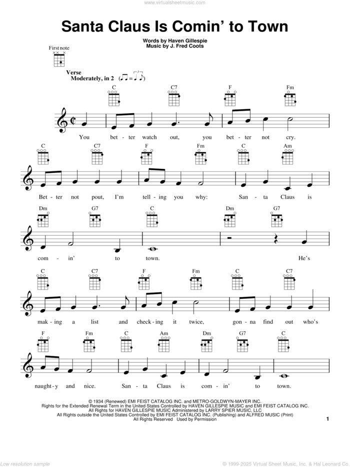 Santa Claus Is Comin' To Town (arr. Fred Sokolow) sheet music for ukulele by J. Fred Coots and Haven Gillespie, intermediate skill level